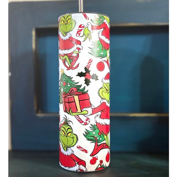 No Brand Other - 20oz Scattered Grinches Skinny Stainless-Steel Tumbler with Slider Lid